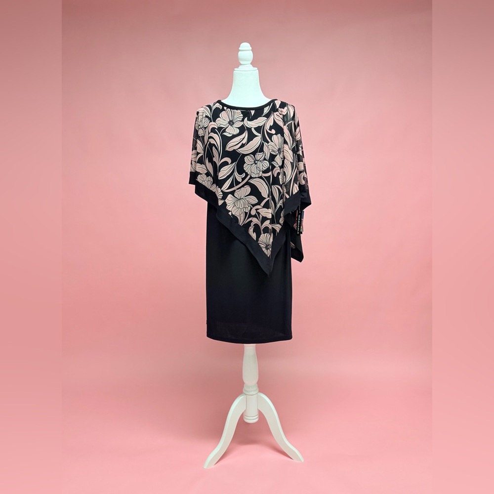 R&M Richards Asymmetrical Black Dress with Pink Floral Design - Picture 2 of 8